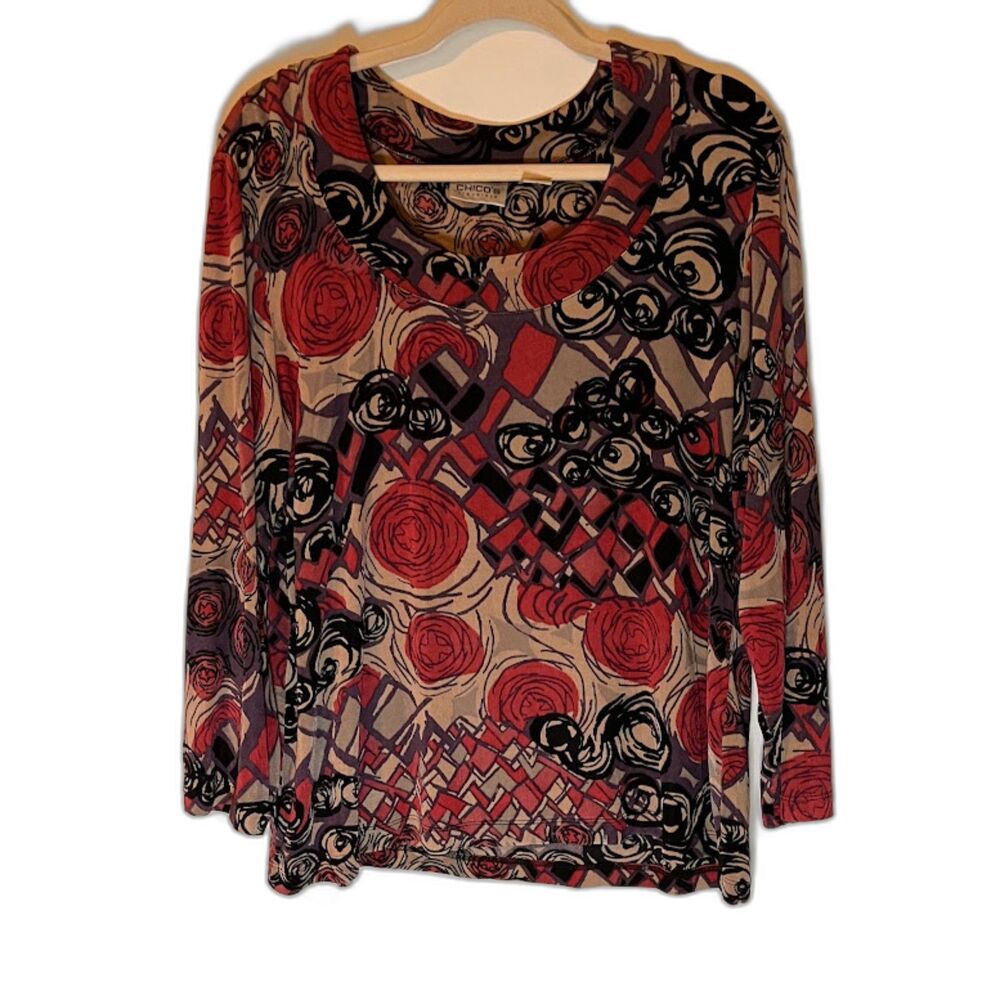 Chico's Travelers Blouse L Taupe/Burgundy/Black Print Lng Sleeve Business Casual